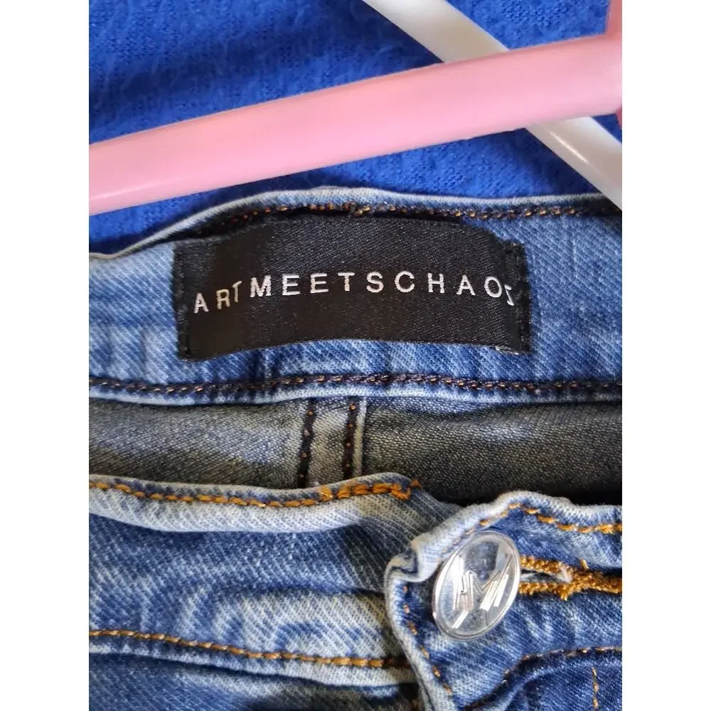 Art Meets Chaos Donwan Harrell Mens Distressed Skinny Jeans Blue Button Fly 38